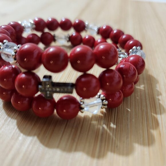 Hand Crafted Wrap Bracelet Bright Red Clear Crystals Black Pave Cross Coil - Picture 7 of 12